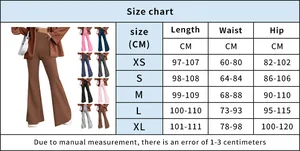 Tabla de tallas detallada para pantalones acampanados con medidas de cintura y cadera