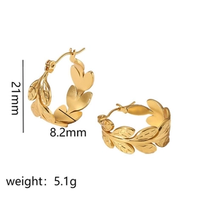 Titanium steel leaf-shaped hoop earrings in 18k gold plating with size and weight details