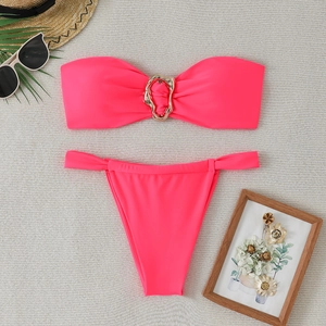 Hot pink bandeau bikini set with gold buckle and high-cut bottoms for women