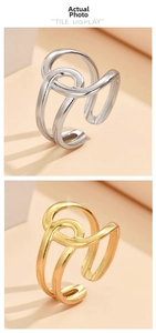 Detailed tile display of geometric open rings in gold and silver stainless steel finishes