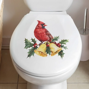 Christmas toilet lid sticker featuring a red cardinal bird, golden bells, and holly leaves