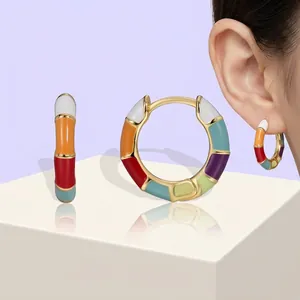 Western Style Copper 18K Gold Plated Bamboo Joint Rainbow Enamel Hoop Earrings For Women Fashion Jewelry Accessories Gift