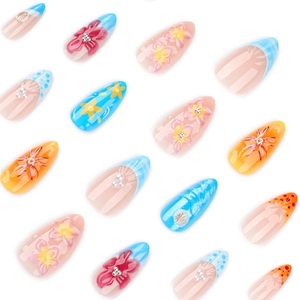 Tropical 3D flower press-on nails in almond shape with blue waves and pearl accents