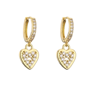Polished gold heart drop earrings with pave set cubic zirconia stones in huggie style