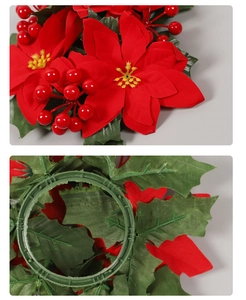 Detail view of artificial poinsettia and red berries wreath with green plastic support ring
