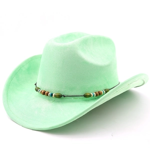 Mint green felt cowboy hat with bohemian style beaded ethnic band on white background