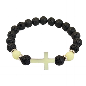 Luminous lava stone cross bracelet featuring black volcanic beads and yellow glowing cross