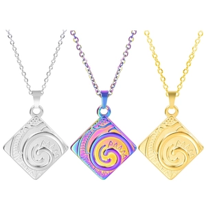 Three square necklaces in silver, rainbow, and gold finish with spiral sun pattern