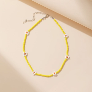 Colorful handmade yellow beaded daisy flower choker necklace with bohemian summer style