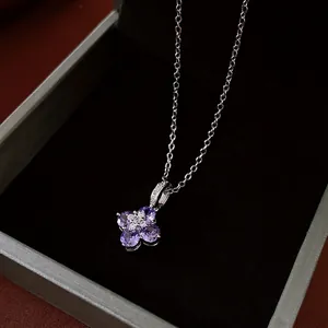 Purple Flower Pendant Necklace For Women Copper With Zircon Elegant Inlaid Four Petal Floral Clavicle Chain Jewelry