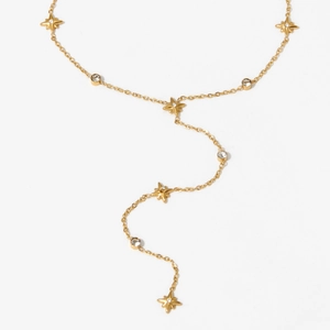 Collier élégant en Y doré avec pendentifs étoiles et cristaux de zircone ronds