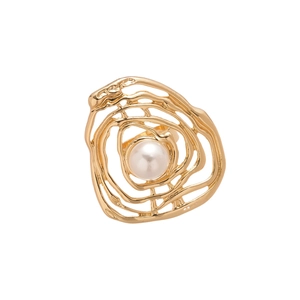 Irregular hollow golden ring with pearl centerpiece on a clean white background