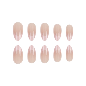 Pink French almond press-on nails set with glossy finish on a clean white background