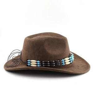 Detail of dark brown faux suede cowboy hat with turquoise ethnic beaded band and fringe