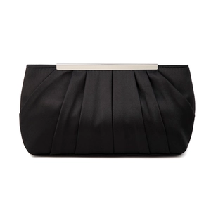 Detailed view of the black pleated satin clutch featuring a sleek silver metal frame