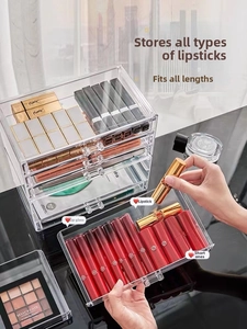 Three-tier clear acrylic makeup organizer drawer for lipsticks and cosmetic storage