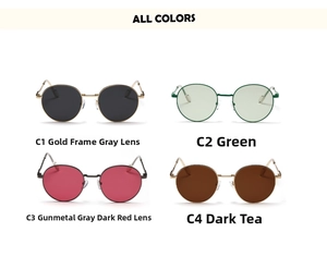 Detailed grid view of round retro sunglasses in gold, green, gunmetal, and classic bronze