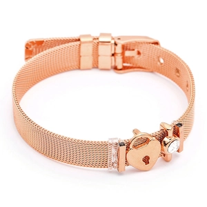 Minimalist rose gold stainless steel mesh bracelet with heart padlock and zircon stones