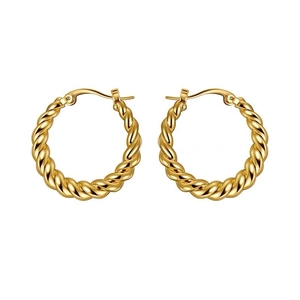 French retro gold twisted hoop earrings with 14K gold plated textured finish for women