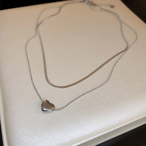 Heart Pendant Layered Choker Necklace Minimalist Silver Tone Copper Snake Chain For Women Clavicle Jewelry