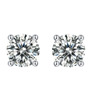 Classic round cut moissanite silver stud earrings with four-prong setting and white finish