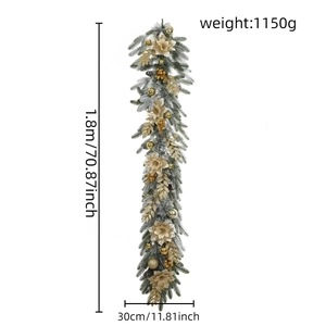 Detail of 1.8m snow-flocked Christmas garland with gold flowers, ornaments and pinecones
