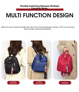 Detailed views of women's oxford backpack showing backpack, shoulder bag and tote modes