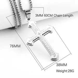 Punk stainless steel multilayer cross pendant necklace with engraved Lord's Prayer text