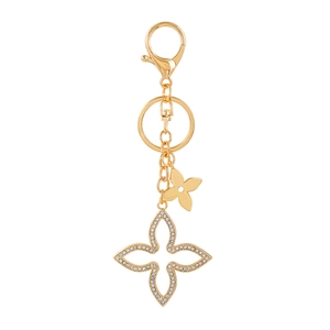 Golden clover metal keychain with rhinestone floral charms for car and handbags