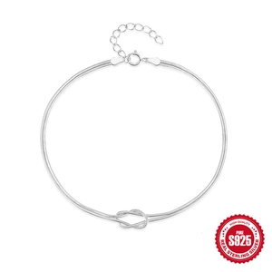 Minimalist S925 sterling silver double snake chain bracelet with a central knot design