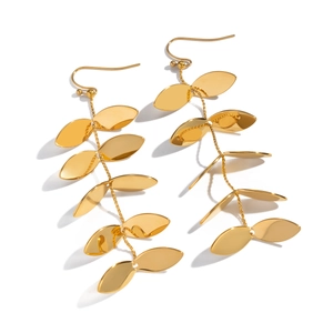 Elegant gold stainless steel leaf tassel drop earrings for women in a studio shot