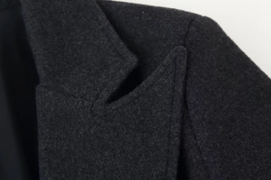 Detailed macro view of high-quality wool fabric texture and collar stitching on overcoat