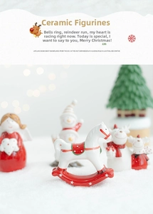 Festive group of ceramic Christmas figurines with Santa on a rocking horse and mini snowman