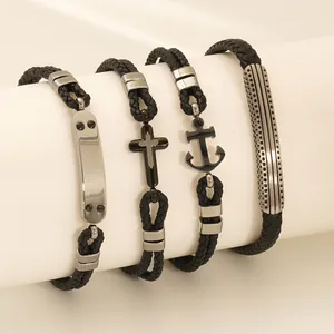 Bracelet En Cuir Tressé Vintage Acier Inoxydable Ancre Croix Charmes Nautique Punk Jonc Tissé Pour Hommes Unisexe