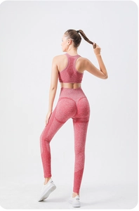 Détails de l'ensemble de yoga sans couture rose avec coutures sculptantes au dos