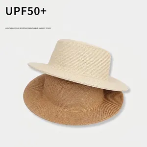 Flacher Strohhut für Damen mit Sonnenschutz UPF50+ in den Farben Beige und Hellbraun