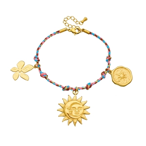 Bohemian gold sun and flower charm bracelet with multicolored woven rope on white background