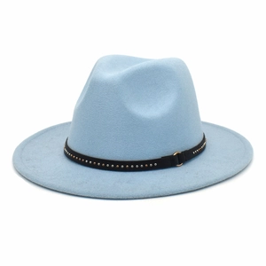 Detail of light blue wool fedora hat featuring a black leather band with metallic studs