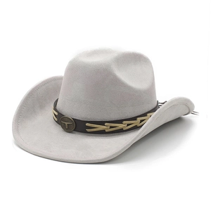 Close-up of light grey suede cowboy hat with brown leather band and bull skull emblem