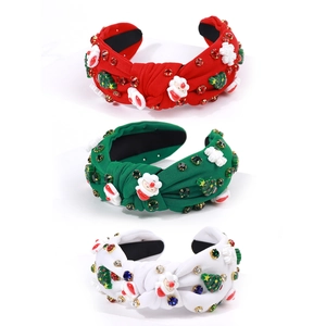 Three Christmas knot headbands featuring Santa, snowflakes and colorful rhinestones