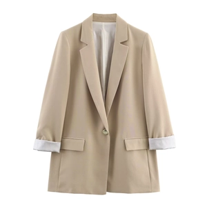 Women's khaki blazer with lapel collar and striped cuffs on a clean white background