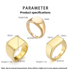Detailed view of gold-plated geometric signet rings with specific size and weight parameters
