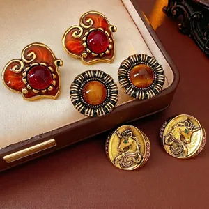 Vintage Heart Round Unicorn Relief Alloy Earrings With Silver Earring Post Retro Palace Style French Fashion Jewelry Women
