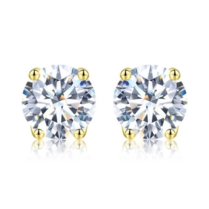 Classic gold-plated 925 silver stud earrings with four-prong set round moissanite stones