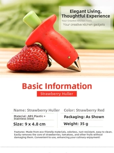 Detail view of red strawberry huller tool with dimensions 9x4.8cm and 35g weight spec