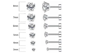 Tableau comparatif des tailles de clous d'oreilles en acier avec zircons de 3mm à 8mm