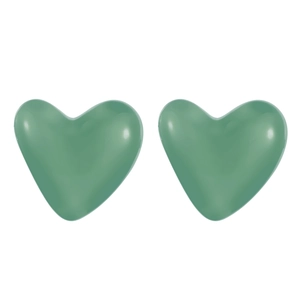 Close-up of elegant glossy green heart-shaped earrings with smooth resin finish