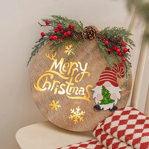 Lighted wooden Merry Christmas wreath with Santa gnome and pine cone for tree decor