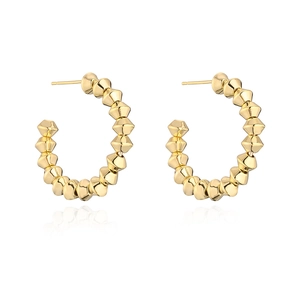 Chic gold-plated C-shaped hoop earrings with unique textured bead pattern on white background