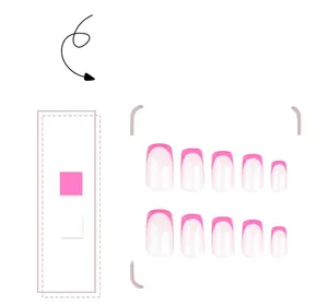 Detail view of 10-piece set of rose pink French tip fake nails in a short square-oval shape
